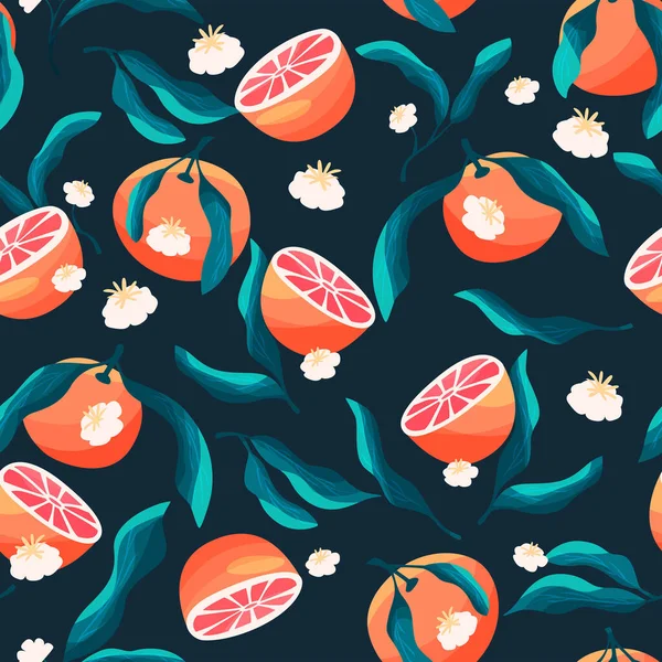 Seamless Pattern Hand Drawn Oranges Floral Elements Fruit Floral Design — Image vectorielle