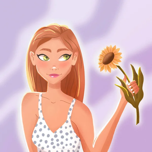 Girl Long Brown Hair Summer Dress Holding Sunflower Beautiful Confident — Stockfoto