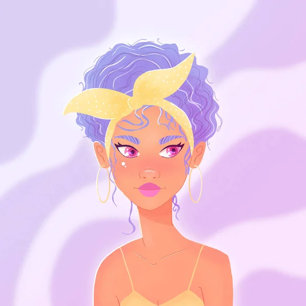 Beautiful Young Woman Purple Curly Hair Headscarf Yellow Summer Dress — Stockfoto