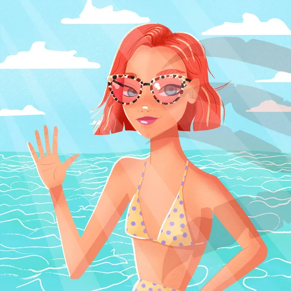 Beautiful Young Woman Short Red Hair Sunglasses Bathing Suit Waving — Stock Photo, Image