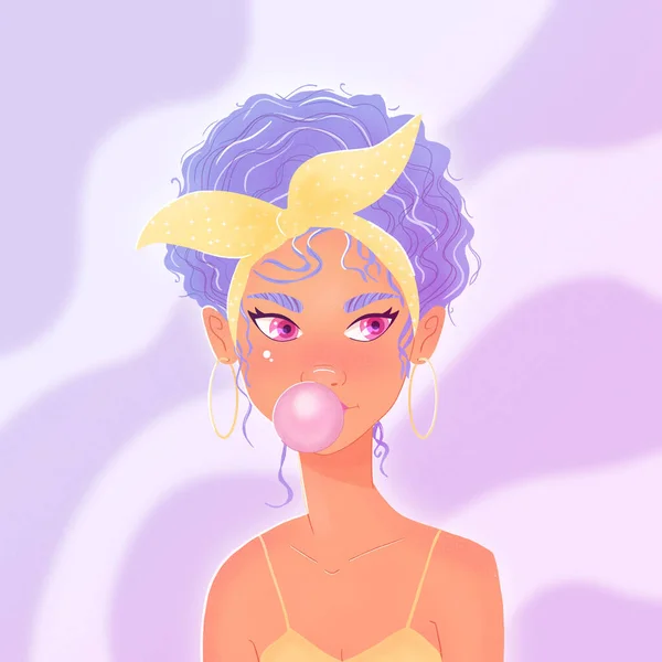 Beautiful Young Woman Purple Curly Hair Blowing Bubble Gum Headscarf — Photo