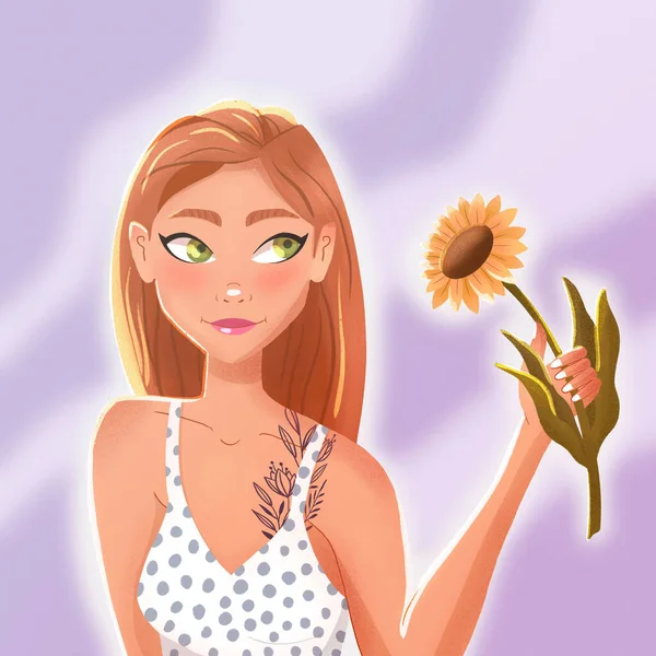 Girl Long Brown Hair Tattoo Summer Dress Holding Sunflower Beautiful — Stockfoto