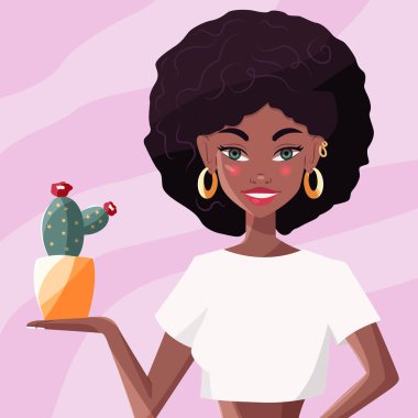 Beautiful young black woman in white shirt holding a cactus. Confident girl with afro hair and gold earrings on pink background. Colorful vector illustration. 