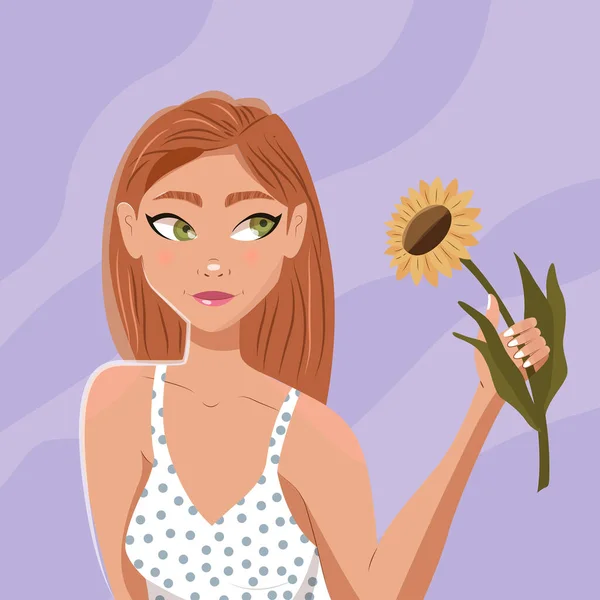 Girl Long Brown Hair Summer Dress Holding Sunflower Beautiful Confident — Stockvektor