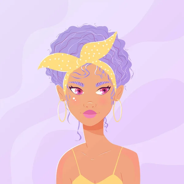 Beautiful Young Woman Purple Curly Hair Headscarf Yellow Summer Dress — Stockvektor