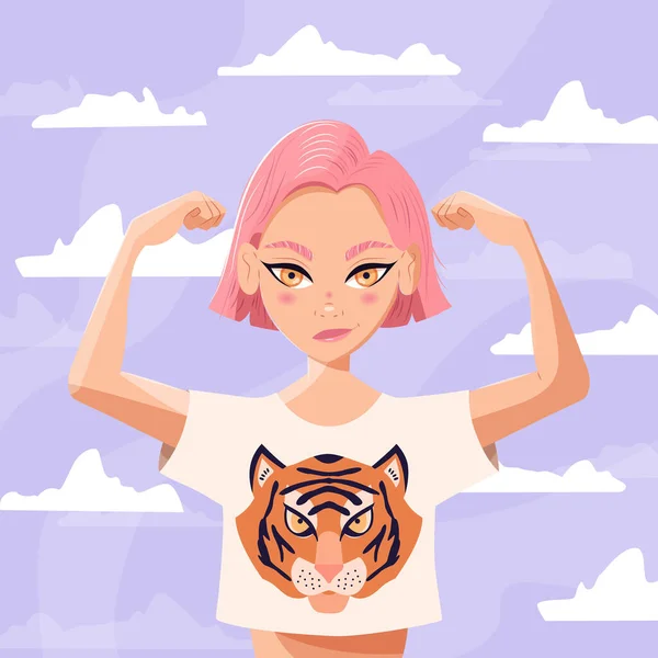 Beautiful Young Girl Short Pink Hair Showing Muscles Wearing White — Stockvektor