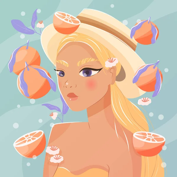 Young Woman Long Blond Hair Hat Summer Dress Confident Girl — Image vectorielle
