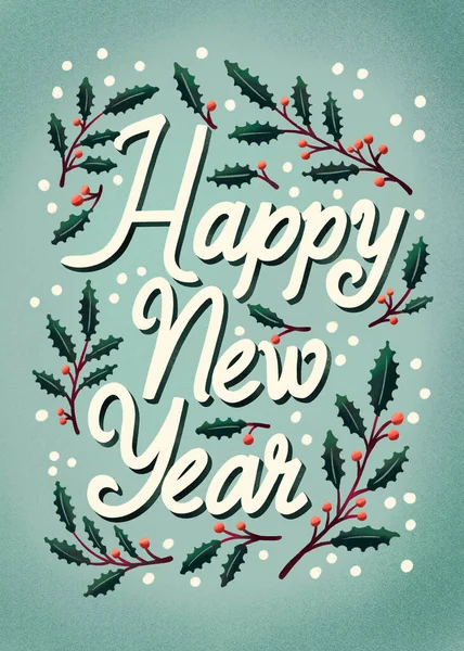 Happy New Year hand lettering vertical card with Christmas decoration and stars. Colorful festive illustration