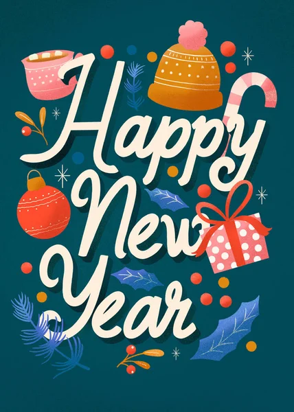 Happy New Year hand lettering vertical card with Christmas decoration and stars. Colorful festive illustration