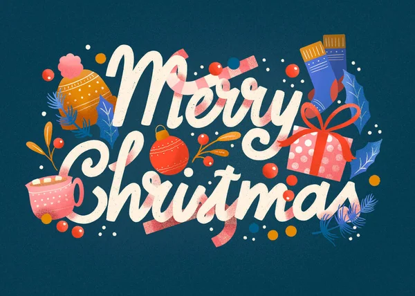 メリークリスマスとホリデーアイコンや星と濃い青の背景に手のレタリングカード カラフルなお祝いイラスト — ストック写真