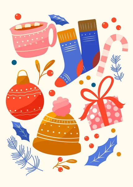 Colección Elementos Año Nuevo Navidad Decoración Tradicional Vacaciones Invierno Ropa — Vector de stock