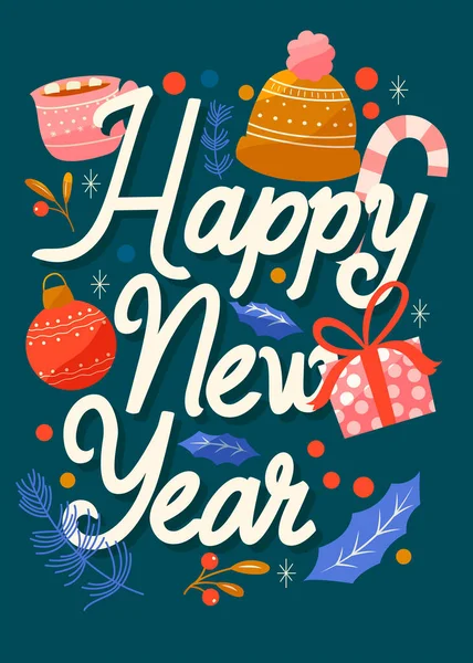 Happy New Year hand lettering vertical card with Christmas decoration and stars. Colorful festive vector illustration