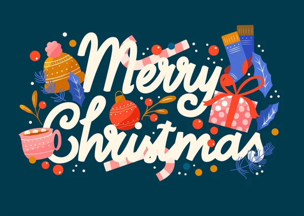 圣诞和新年快乐手执深蓝色背景的卡片 上面印有节日的图标和星星 五彩缤纷的节日矢量图解 — 图库矢量图片