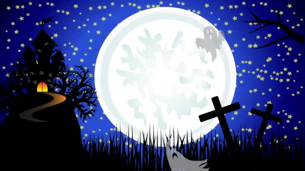 Halloween strašidelné tmavé pozadí - čarodějnice létání přes měsíc a strašidelný dům s duchy — Stock video