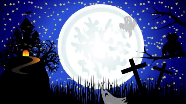 Halloween upiorne ciemne tło - czarownica Latające nad księżycem i nawiedzony dom z duchami — Wideo stockowe
