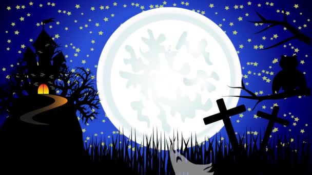 Halloween espeluznante oscuro fondo bruja volando sobre la luna y casa embrujada con fantasmas — Vídeo de stock