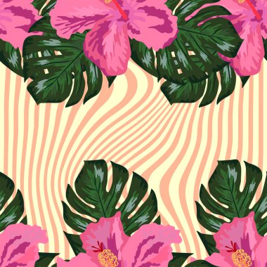 Çiçeksel egzotik tropikal desensiz tropik Hawaii duvar kağıdı. Botanik parmak izi. Modern çiçek arkaplanı.