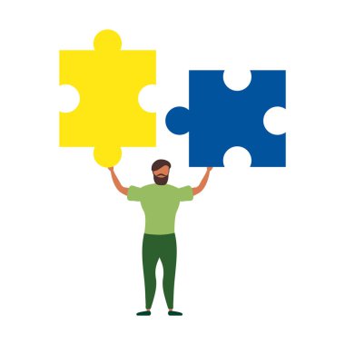 Yapboz parçaları olan bir adam. İş anlayışı, iş kurucu unsurları, herhangi bir iş. Takım metaforu.