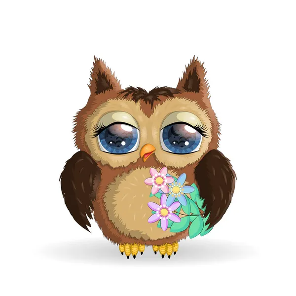 Söt Tecknad Owl Med Blommor Och Fjärilar — Stock vektor
