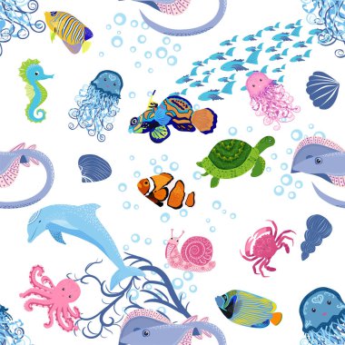Deniz hayatı, balıklar, hayvanlar parlak, pürüzsüz desenler. Deniz yolculuğu, sualtı dalış yapan tropikal balıklar. Denizanası, balina, köpekbalığı, denizatı, palyaço balığı, yunus, kaplumbağa imparatoru balık ahtapot vatoz vatozu