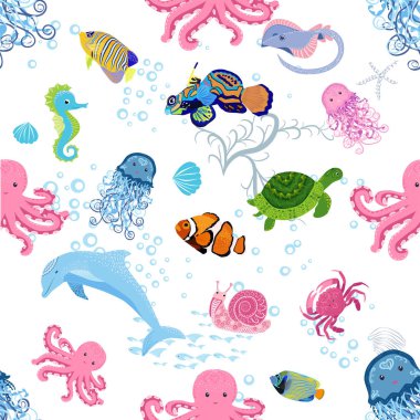 Deniz hayatı, balıklar, hayvanlar parlak, pürüzsüz desenler. Deniz yolculuğu, sualtı dalış yapan tropikal balıklar. Denizanası, balina, köpekbalığı, denizatı, palyaço balığı, yunus, kaplumbağa imparatoru balık ahtapot vatoz vatozu