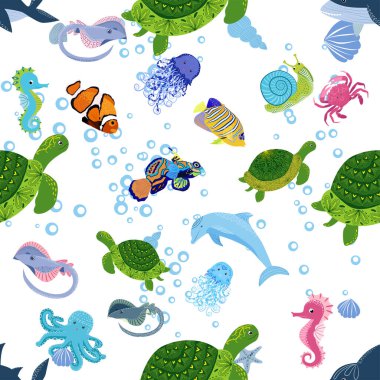 Deniz hayatı, balıklar, hayvanlar parlak, pürüzsüz desenler. Deniz yolculuğu, sualtı dalış yapan tropikal balıklar. Denizanası, balina, köpekbalığı, denizatı, palyaço balığı, yunus, kaplumbağa imparatoru balık ahtapot vatoz vatozu