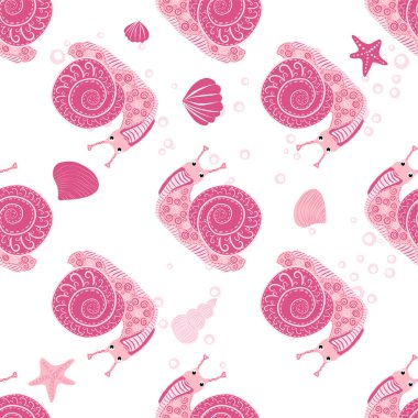 Salyangoz pembesi, deniz sakinleri kusursuz desen, deniz kabukları arasında güzel bir karakter, deniz yosunu, denizyıldızı, vahşi yaşamın deniz hayvanları..