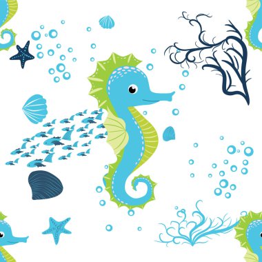 Deniz atı, deniz sakinleri kusursuz desen, deniz kabukları arasında güzel bir karakter, deniz yosunu, denizyıldızı, deniz yaban hayatı.