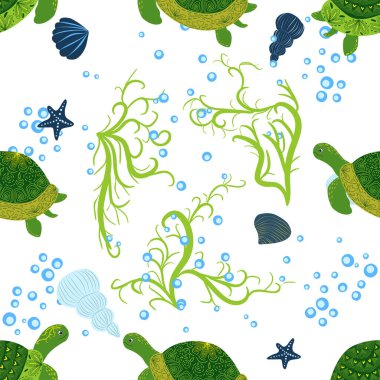 Kaplumbağa yeşili pürüzsüz desen, deniz kabukları arasında güzel bir karakter, deniz yosunu, denizyıldızı, deniz hayvanları, vahşi yaşam. Su altında doğa, okyanus hayvanat bahçesinde deniz yaban balığı.