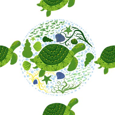 Kaplumbağa yeşili pürüzsüz desen, deniz kabukları arasında güzel bir karakter, deniz yosunu, denizyıldızı, deniz hayvanları, vahşi yaşam. Su altında doğa, okyanus hayvanat bahçesinde deniz yaban balığı.