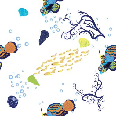 Mandarin balığının dikişsiz desenleri. Deniz kabukları, deniz yosunu, denizyıldızı, deniz hayvanı yaban hayatı karakteri arasında güzel bir karakter. Doğa su altında, deniz vahşi okyanus hayvanat bahçesi balıkları