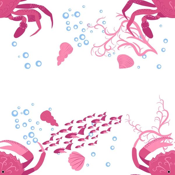 Crab Marine Life Fish Animals Bright Seamless Pattern Sea Travel — Stock Vector