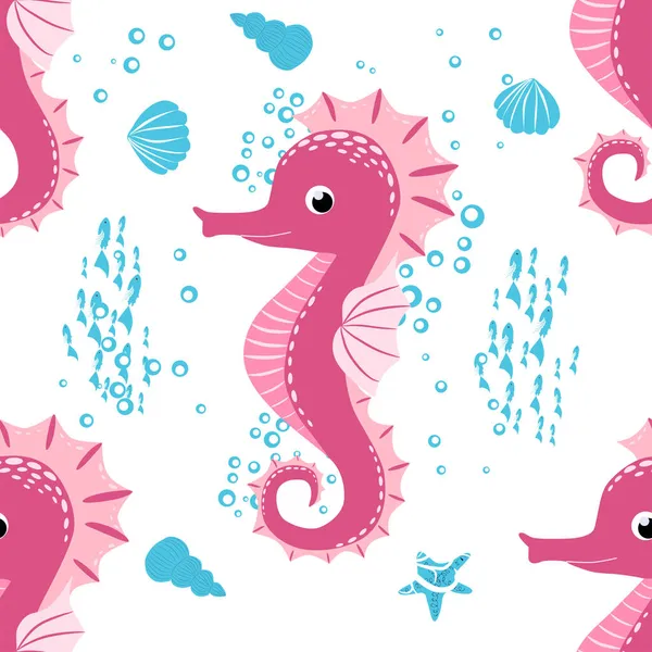Seahorse, sea inhabitants seamless pattern, beautiful character among seashells, seaweed, starfish, marine wildlife.