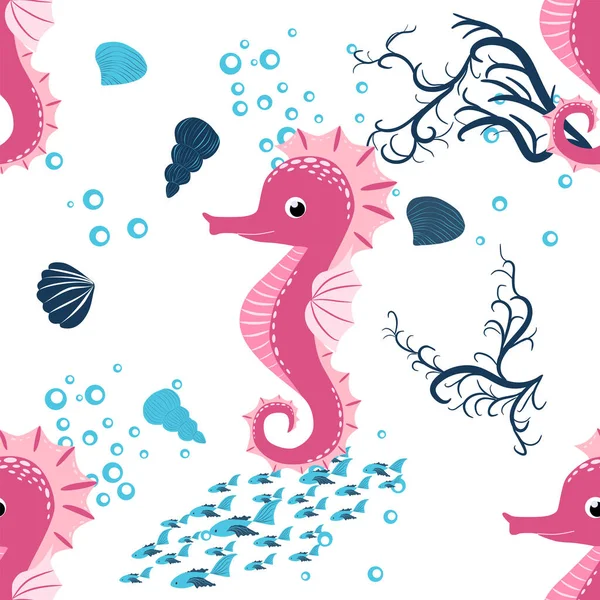 Seepferdchen Meeresbewohner Nahtloses Muster Wunderschöner Charakter Zwischen Muscheln Algen Seesternen — Stockvektor
