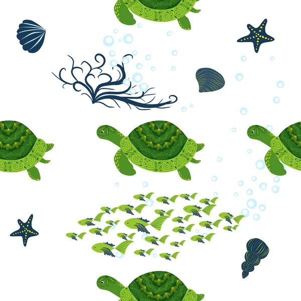 Turtle Green Seamless Pattern Beautiful Character Seashells Seaweed Starfish Sea — Stock Vector