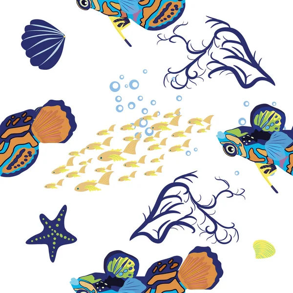Mandarin Fish Seamless Patterns Beautiful Character Seashells Seaweed Starfish Sea — Stock Vector