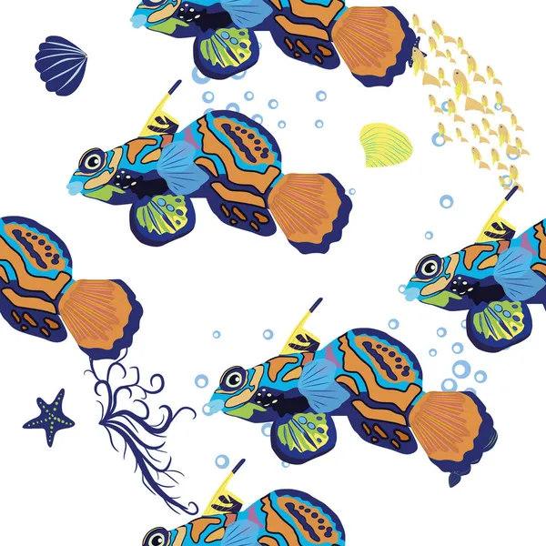 Mandarin Fisch Nahtlose Muster Schönen Charakter Zwischen Muscheln Algen Seesternen — Stockvektor