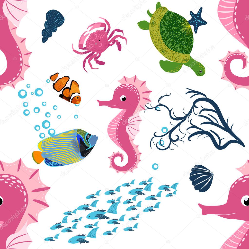 Seahorse, sea inhabitants seamless pattern, beautiful character among seashells, seaweed, starfish, marine wildlife.