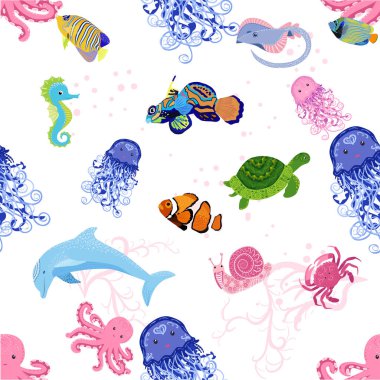 Deniz hayatı, balıklar, hayvanlar parlak, pürüzsüz desenler. Deniz yolculuğu, sualtı dalış yapan tropikal balıklar. Denizanası, balina, köpekbalığı, denizatı, palyaço balığı, yunus, kaplumbağa imparatoru balık ahtapot vatoz vatozu