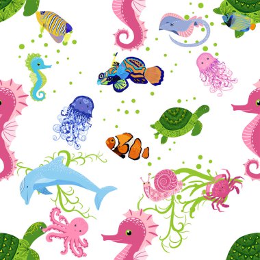 Deniz hayatı, balıklar, hayvanlar parlak, pürüzsüz desenler. Deniz yolculuğu, sualtı dalış yapan tropikal balıklar. Denizanası, balina, köpekbalığı, denizatı, palyaço balığı, yunus, kaplumbağa imparatoru balık ahtapot vatoz vatozu