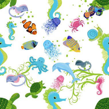 Deniz hayatı, balıklar, hayvanlar parlak, pürüzsüz desenler. Deniz yolculuğu, sualtı dalış yapan tropikal balıklar. Denizanası, balina, köpekbalığı, denizatı, palyaço balığı, yunus, kaplumbağa imparatoru balık ahtapot vatoz vatozu