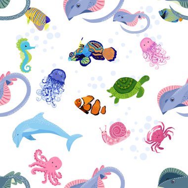 Deniz hayatı, balıklar, hayvanlar parlak, pürüzsüz desenler. Deniz yolculuğu, sualtı dalış yapan tropikal balıklar. Denizanası, balina, köpekbalığı, denizatı, palyaço balığı, yunus, kaplumbağa imparatoru balık ahtapot vatoz vatozu