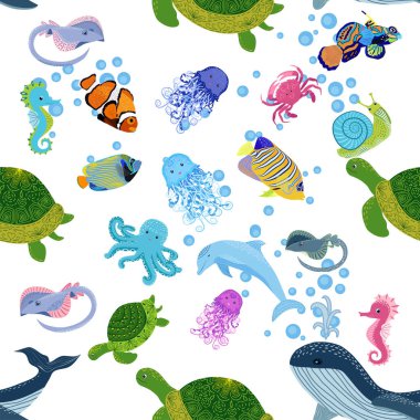 Deniz hayatı, balıklar, hayvanlar parlak, pürüzsüz desenler. Deniz yolculuğu, sualtı dalış yapan tropikal balıklar. Denizanası, balina, köpekbalığı, denizatı, palyaço balığı, yunus, kaplumbağa imparatoru balık ahtapot vatoz vatozu