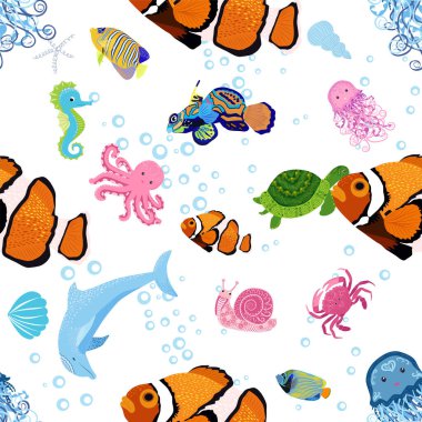 Deniz hayatı, balıklar, hayvanlar parlak, pürüzsüz desenler. Deniz yolculuğu, sualtı dalış yapan tropikal balıklar. Denizanası, balina, köpekbalığı, denizatı, palyaço balığı, yunus, kaplumbağa imparatoru balık ahtapot vatoz vatozu