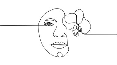 Çiçekli kadın yüzü. Sürekli bir çizgi çiziyor. Kadın kafasında çiçek buketi, tek sıra sanat. Minimalist Siyah Beyaz Çizim