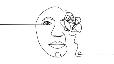 Çiçekli kadın yüzü. Sürekli bir çizgi çiziyor. Kadın kafasında çiçek buketi, tek sıra sanat. Minimalist Siyah Beyaz Çizim