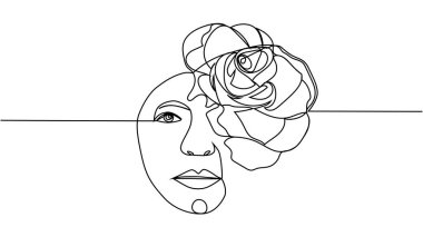 Çiçekli kadın yüzü. Sürekli bir çizgi çiziyor. Kadın kafasında çiçek buketi, tek sıra sanat. Minimalist Siyah Beyaz Çizim