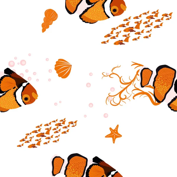 アンフィプリオン 海の住民のシームレスなパターン ヒトデ 海洋生物の間で美しい文字 オレンジ明るい海の住人ピエロ魚囲まれて — ストックベクタ