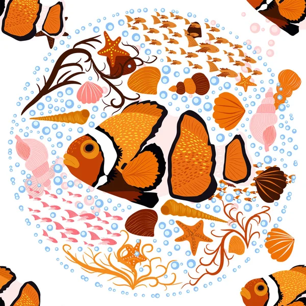 Amphiprion Meeresbewohner Nahtlose Muster Schöner Charakter Zwischen Muscheln Algen Seesternen — Stockvektor