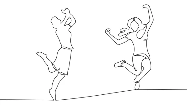 Continuous Line Drawing Jumping Happy Team Members — Stock Vector